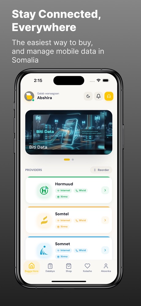 Biti Data home screen with the list of networks